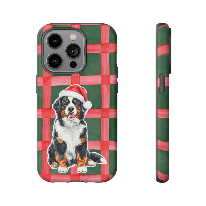 Bernese Mountain Dog Christmas Tough iPhone Case, Red Green Plaid, Santa Dog Phone Cover