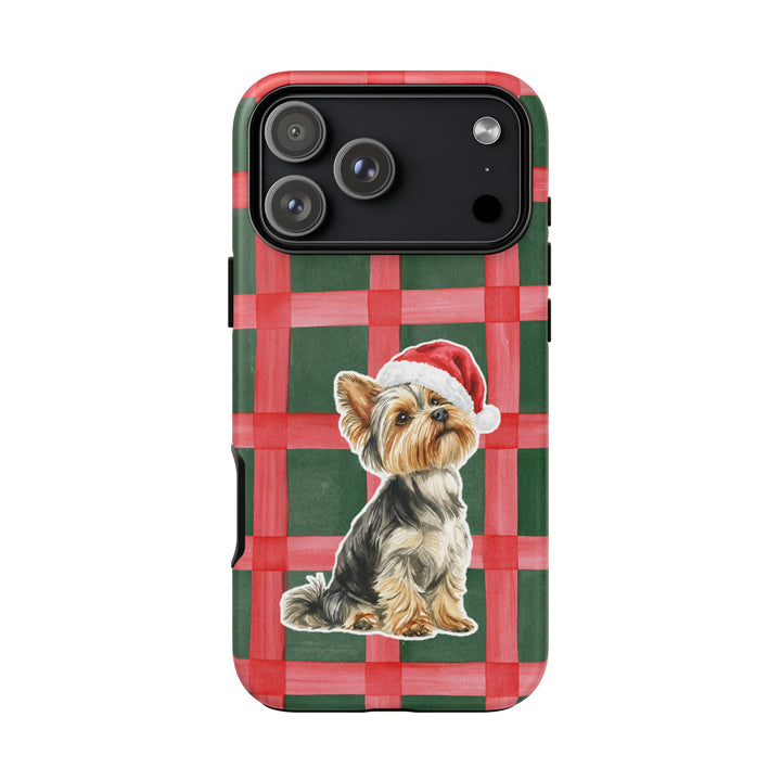 Yorkshire Terrier Christmas Tough iPhone Case, Red Green Plaid, Santa Dog Phone Cover