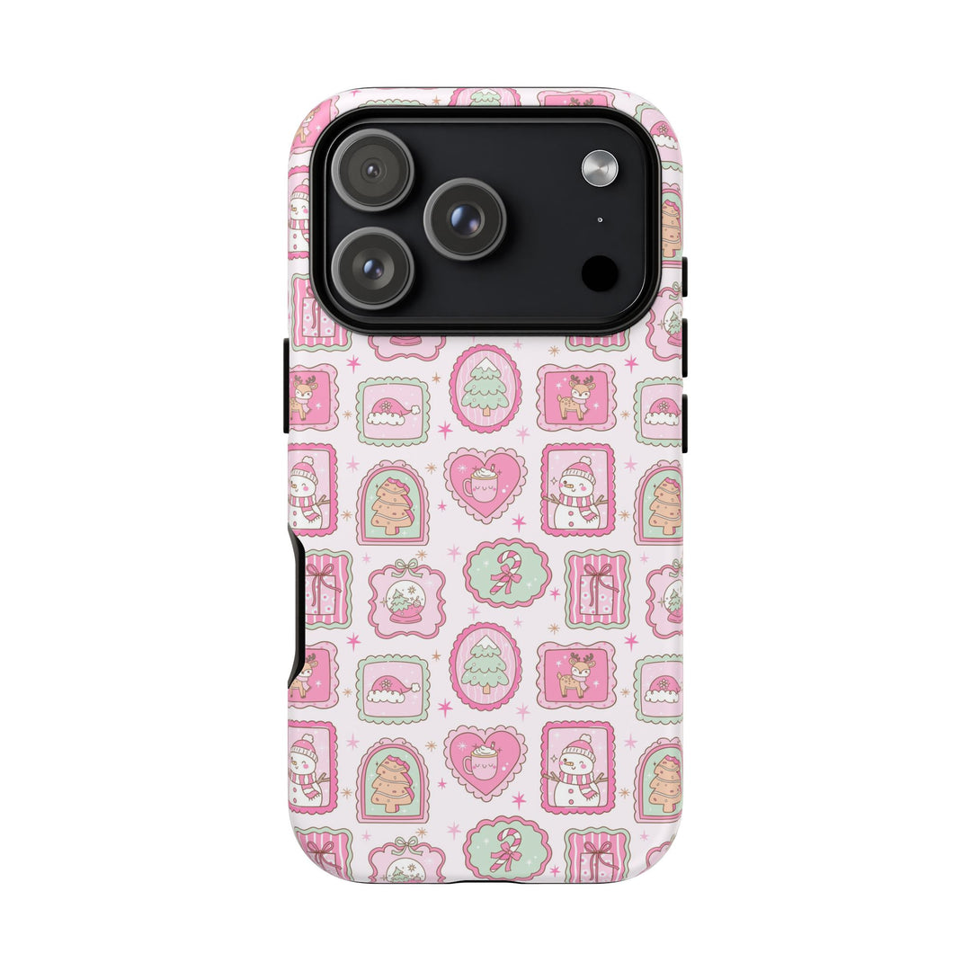Pink Christmas Frames Tough iPhone Case, Pastel Snowman Reindeer Holiday Phone Cover, Matte or Glossy