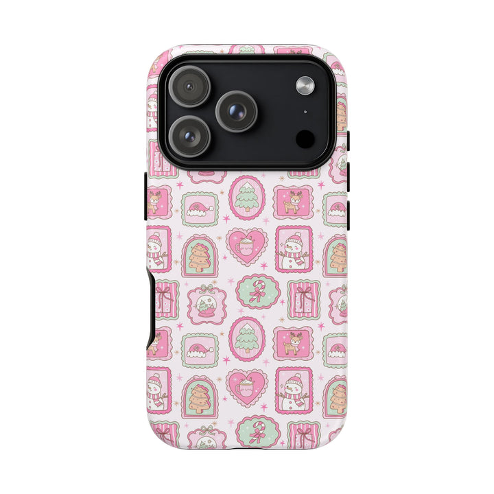 Pink Christmas Frames Tough iPhone Case, Pastel Snowman Reindeer Holiday Phone Cover, Matte or Glossy