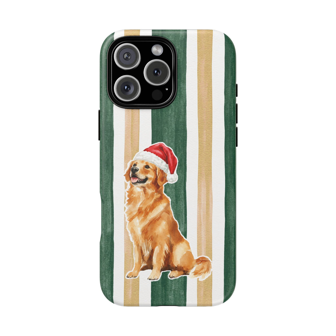 Golden Retriever Christmas Tough iPhone Case, Green Gold Stripes, Santa Dog Phone Cover