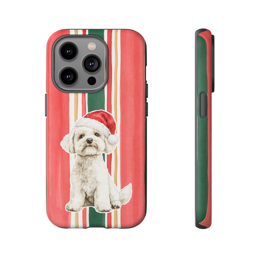 Maltese Christmas Tough iPhone Case, Classic Red Green Stripes, Santa Dog Phone Cover