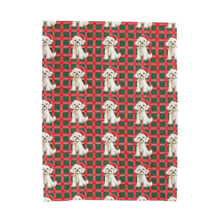 Maltese Christmas Velveteen Plush Blanket, Red Green Plaid, Santa Dog Throw