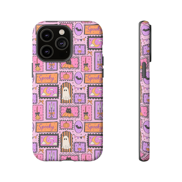 Pink Spooky Frames Tough iPhone Case, Halloween Ghost Black Cat Pumpkin Phone Cover, Matte or Glossy