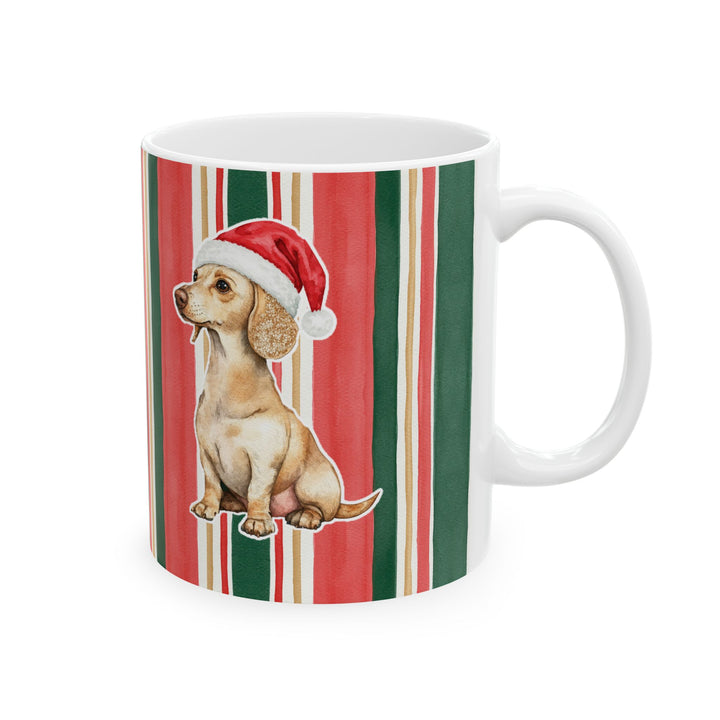 Dachshund Christmas Mug, Classic Christmas Stripes, 11oz White Ceramic