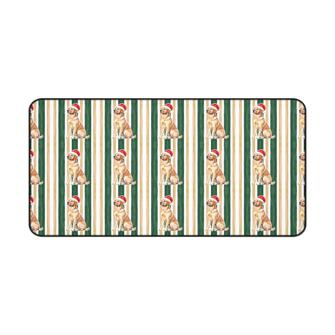 Yellow Labrador Christmas Desk Mat, Green Gold Stripes, Santa Dog Desk Pad
