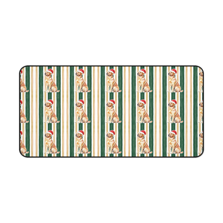 Yellow Labrador Christmas Desk Mat, Green Gold Stripes, Santa Dog Desk Pad