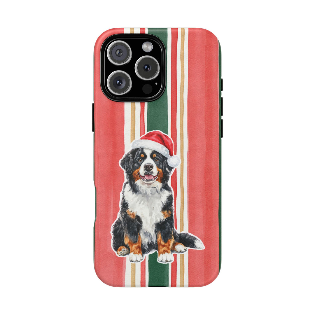 Bernese Mountain Dog Christmas Tough iPhone Case, Classic Red Green Stripes, Santa Dog Phone Cover