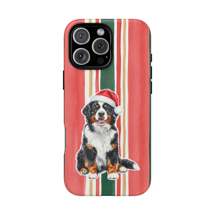 Bernese Mountain Dog Christmas Tough iPhone Case, Classic Red Green Stripes, Santa Dog Phone Cover