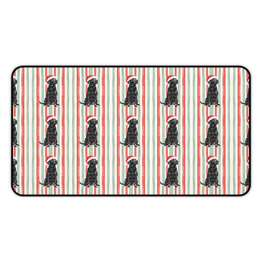 Black Labrador Christmas Desk Mat, Red Sage Stripes, Santa Dog Desk Pad