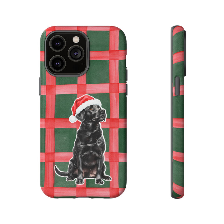 Black Labrador Christmas Tough iPhone Case, Red Green Plaid, Santa Dog Phone Cover
