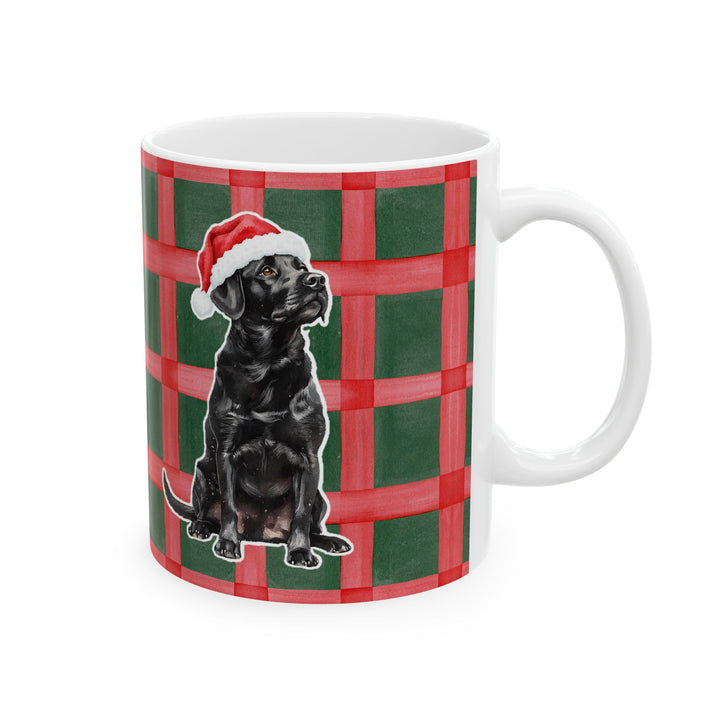 Black Labrador Christmas Mug, Red Green Plaid, 11oz White Ceramic