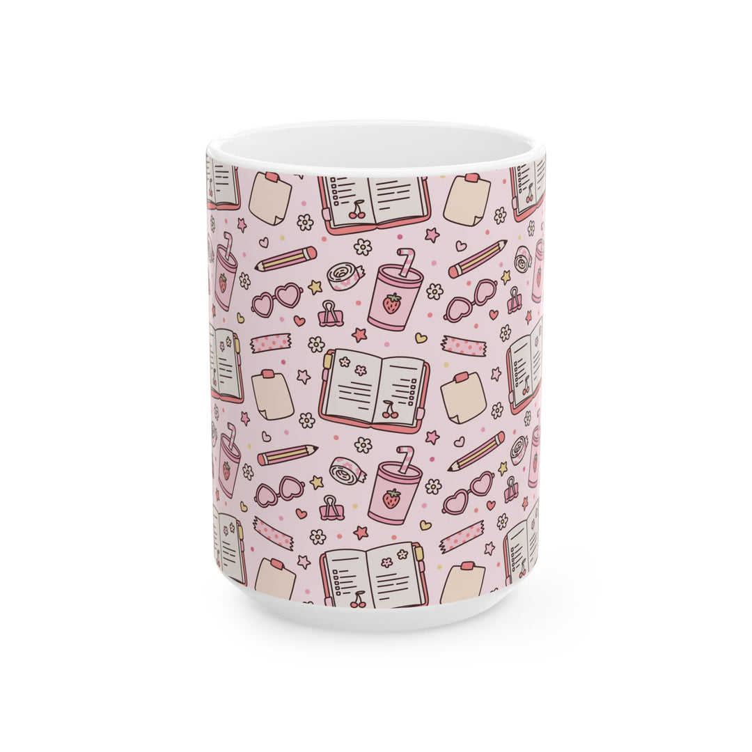Pink Stationery Ceramic Mug, Planner and Pencil Coffee Cup, Back to School Teacher Gift, 11oz and 15oz