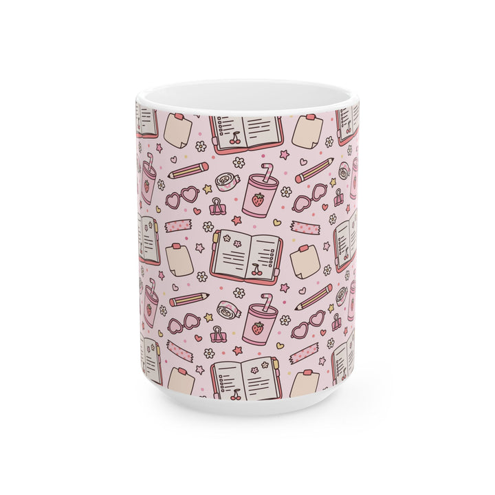Pink Stationery Ceramic Mug, Planner and Pencil Coffee Cup, Back to School Teacher Gift, 11oz and 15oz