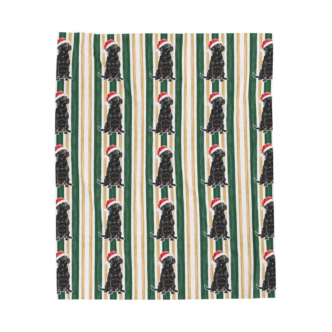 Black Labrador Christmas Velveteen Plush Blanket, Green Gold Stripes, Santa Dog Throw