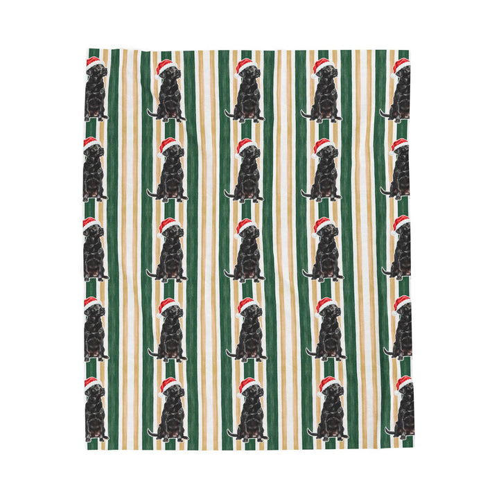 Black Labrador Christmas Velveteen Plush Blanket, Green Gold Stripes, Santa Dog Throw