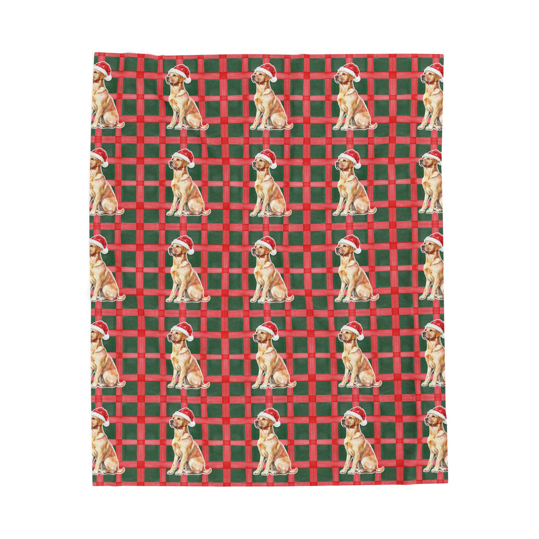 Yellow Labrador Christmas Velveteen Plush Blanket, Red Green Plaid, Santa Dog Throw