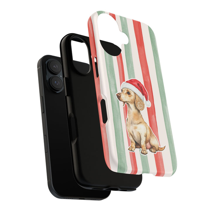 Dachshund Christmas Tough iPhone Case, Red Sage Stripes, Santa Dog Phone Cover