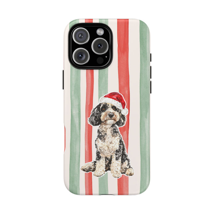 Doodle Christmas Tough iPhone Case, Red Sage Stripes, Santa Dog Phone Cover