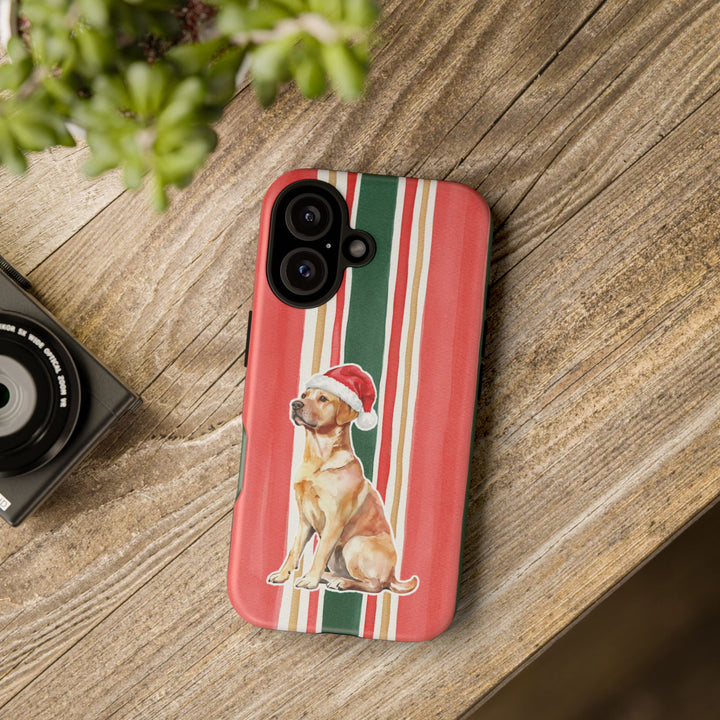 Yellow Labrador Christmas Tough iPhone Case, Classic Red Green Stripes, Santa Dog Phone Cover