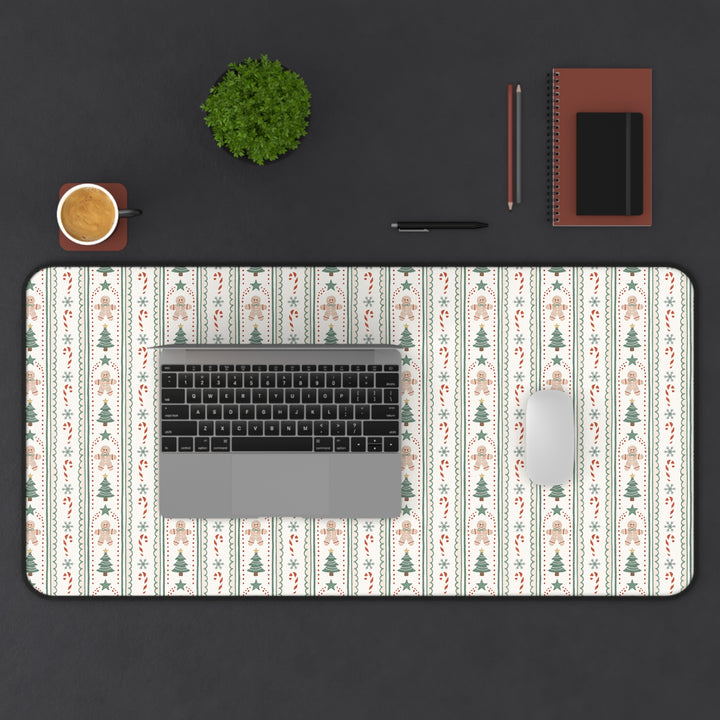 Sage Gingerbread Christmas Desk Mat, Candy Cane Stripe Desk Pad, Vintage Holiday Large Mouse Pad