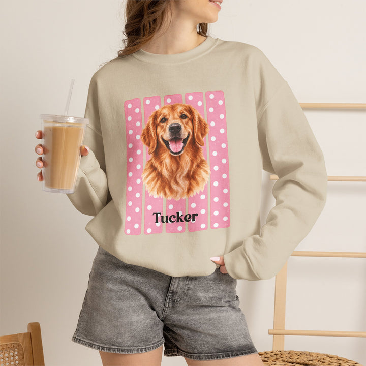 Custom Watercolor Dog Sweatshirt with Name, Pink Polka Dot Stripes