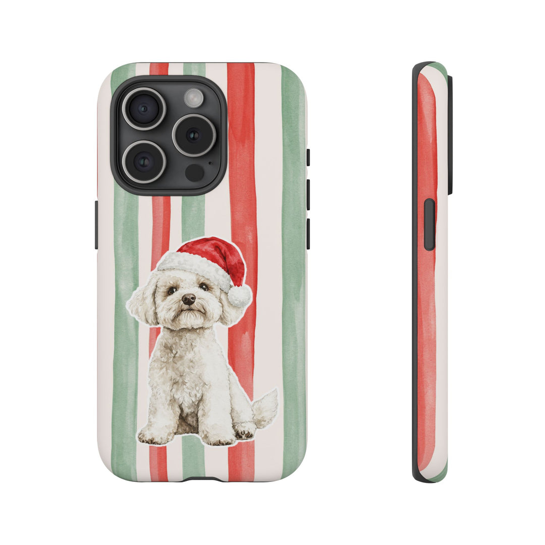 Maltese Christmas Tough iPhone Case, Red Sage Stripes, Santa Dog Phone Cover