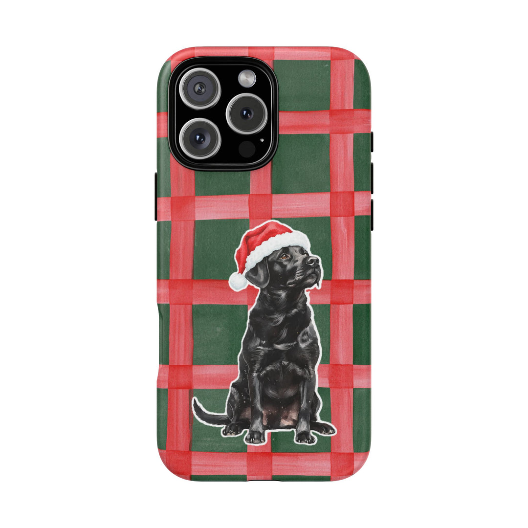Black Labrador Christmas Tough iPhone Case, Red Green Plaid, Santa Dog Phone Cover
