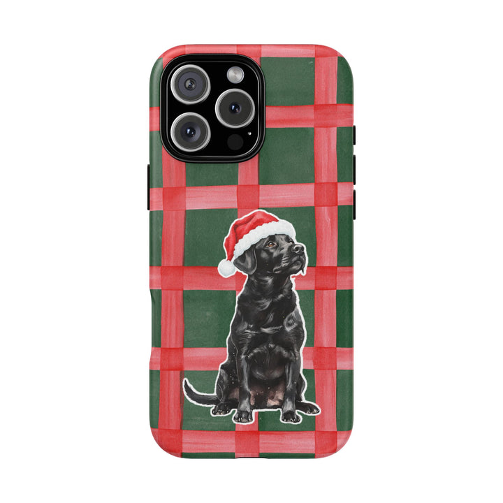 Black Labrador Christmas Tough iPhone Case, Red Green Plaid, Santa Dog Phone Cover