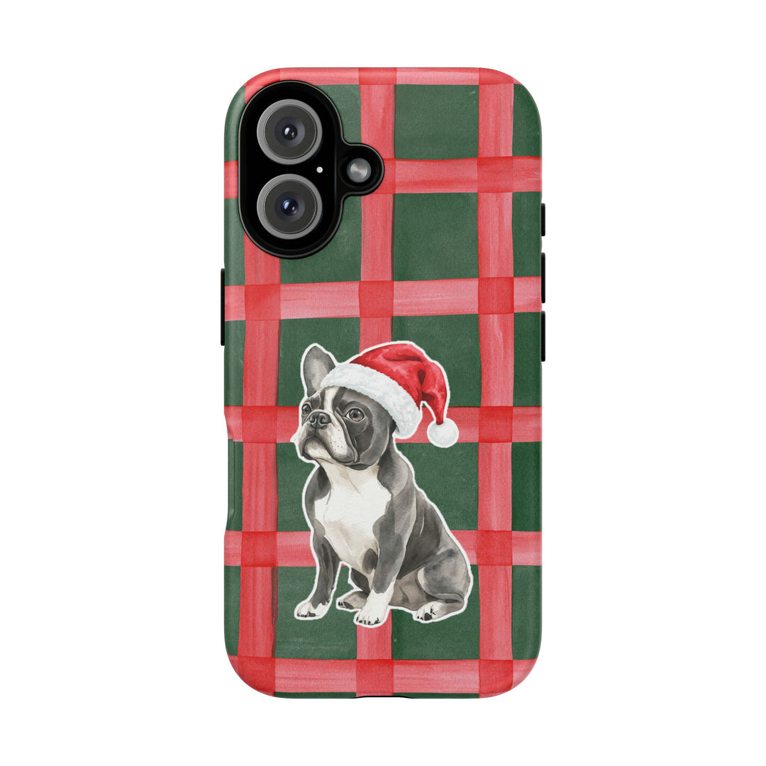 French Bulldog Christmas Tough iPhone Case, Red Green Plaid, Santa Dog Phone Cover