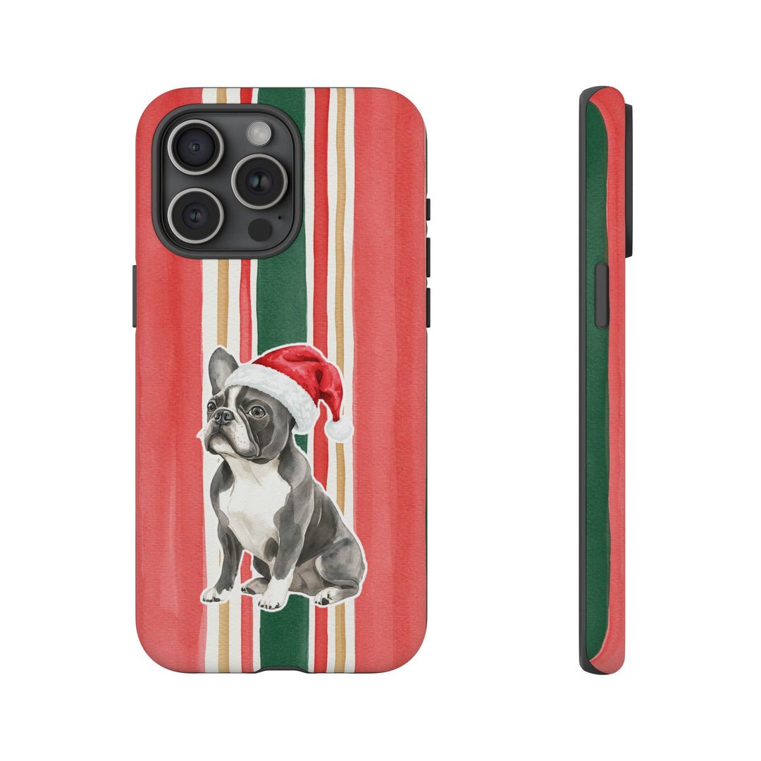 French Bulldog Christmas Tough iPhone Case, Classic Red Green Stripes, Santa Dog Phone Cover