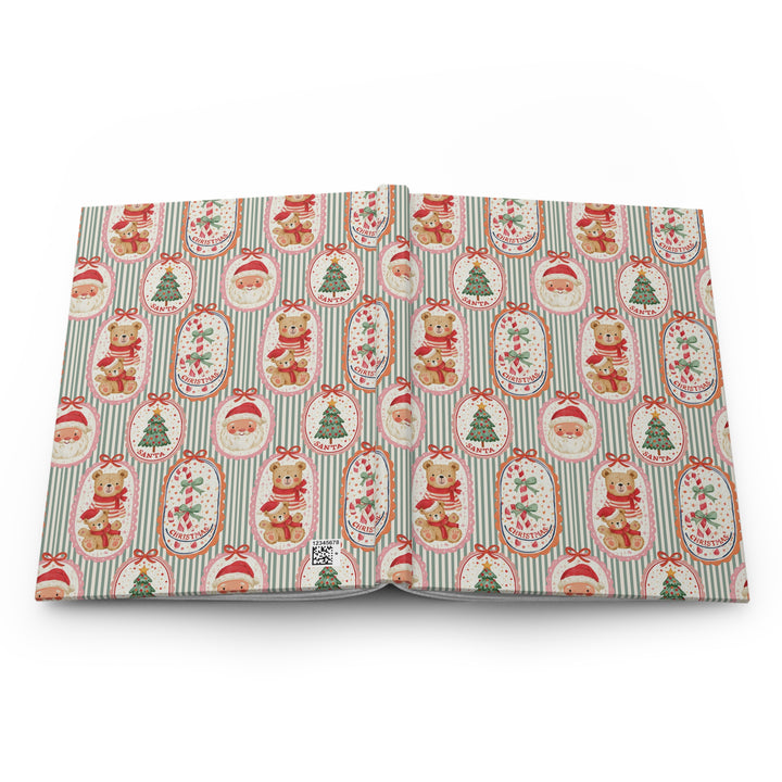 Vintage Santa and Teddy Bear Hardcover Notebook, Green Stripe Christmas Lined Journal, Cute Holiday Stationery Gift