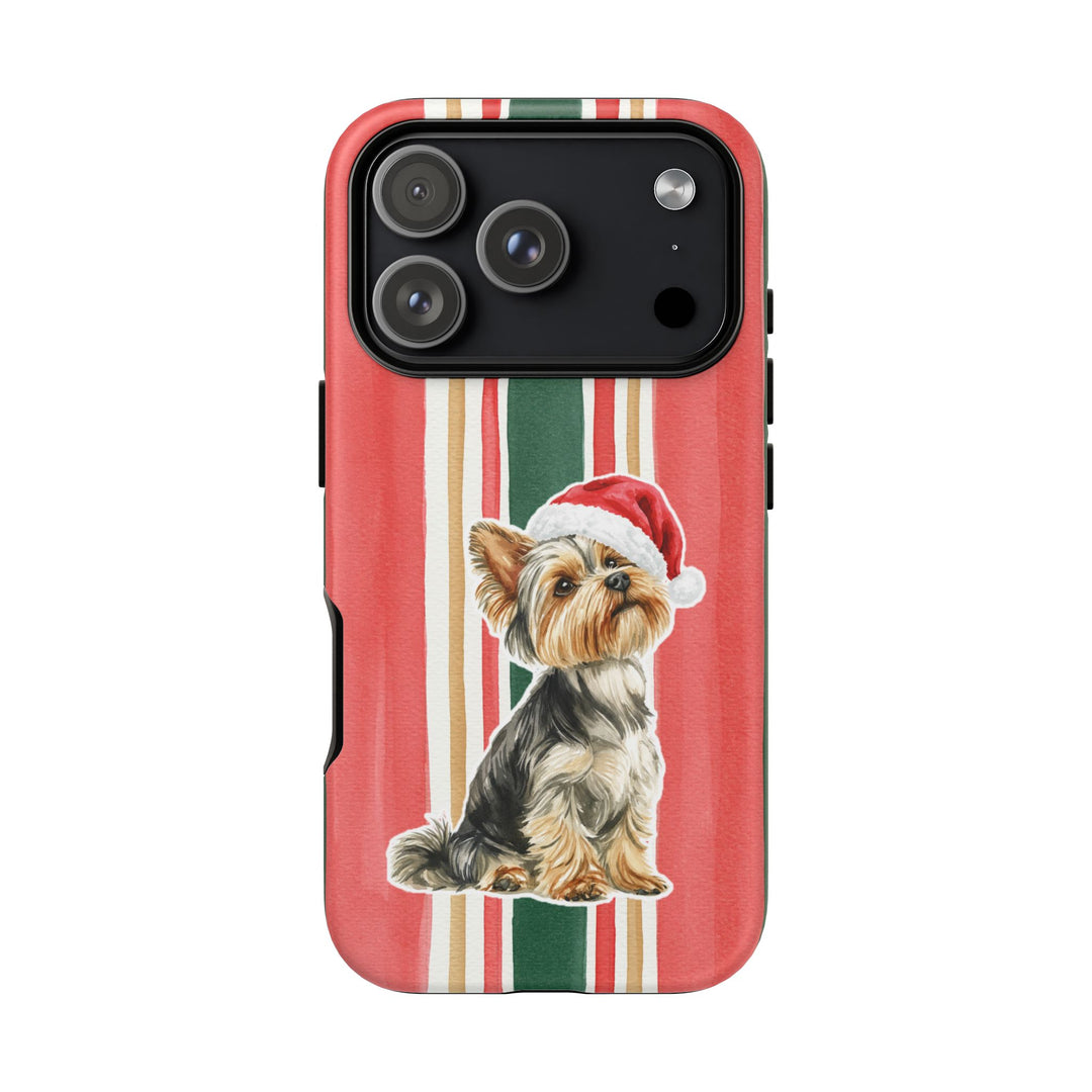 Yorkshire Terrier Christmas Tough iPhone Case, Classic Red Green Stripes, Santa Dog Phone Cover