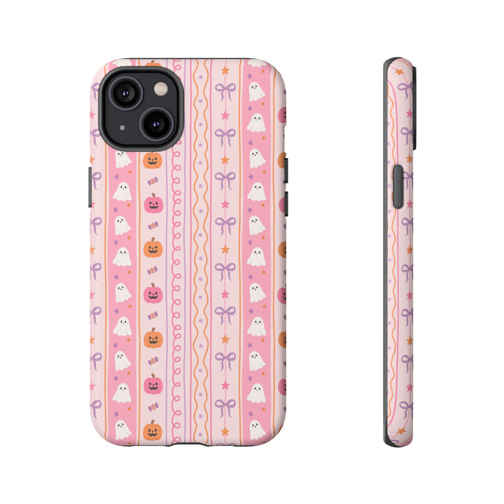 Pastel Halloween Stripe Tough iPhone Case, Pink Ghost Pumpkin Lavender Bow Phone Cover, Matte or Glossy