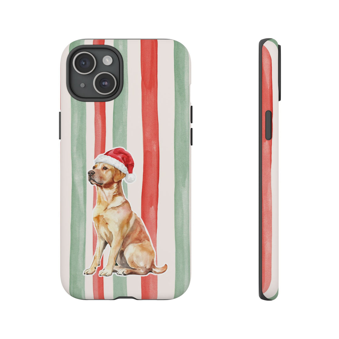 Yellow Labrador Christmas Tough iPhone Case, Red Sage Stripes, Santa Dog Phone Cover