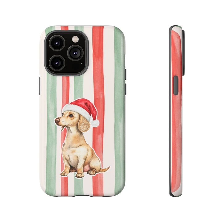 Dachshund Christmas Tough iPhone Case, Red Sage Stripes, Santa Dog Phone Cover