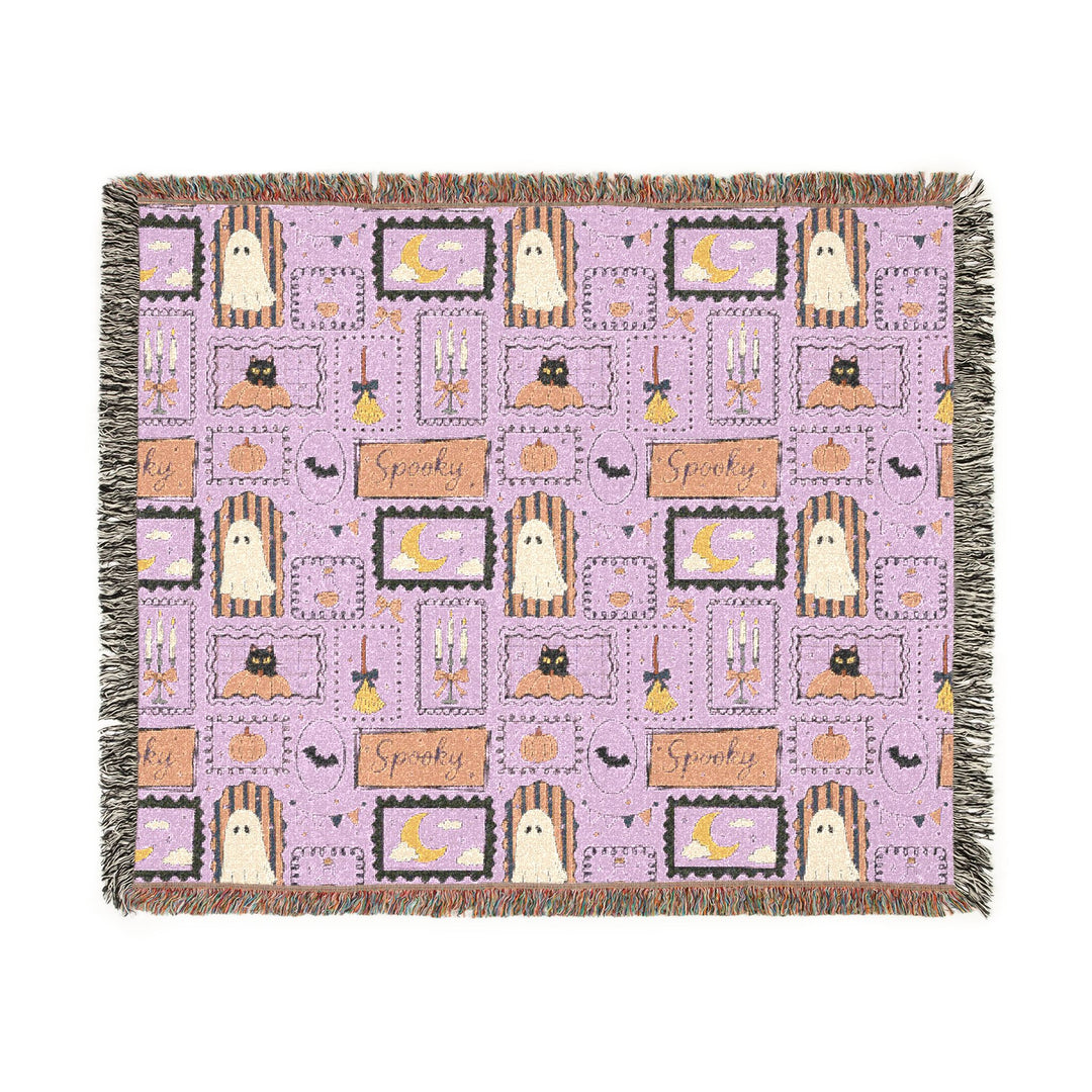Pink Halloween Stamp Woven Blanket, Spooky Black Cat Ghost Pumpkin Cotton Throw, Pastel Witchy Home Decor