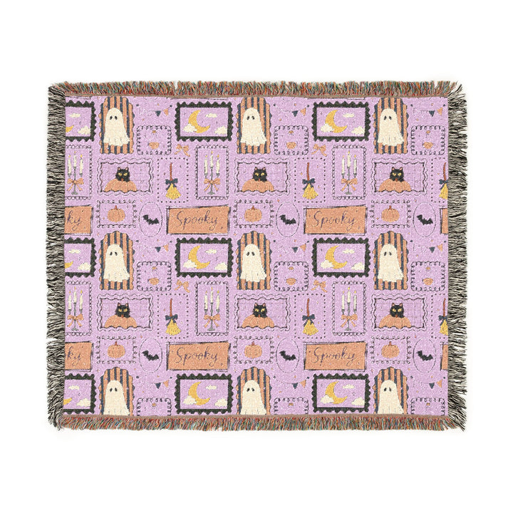 Pink Halloween Stamp Woven Blanket, Spooky Black Cat Ghost Pumpkin Cotton Throw, Pastel Witchy Home Decor