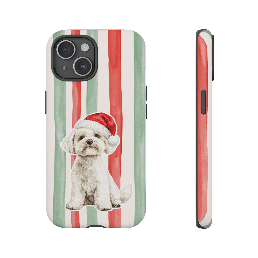Maltese Christmas Tough iPhone Case, Red Sage Stripes, Santa Dog Phone Cover