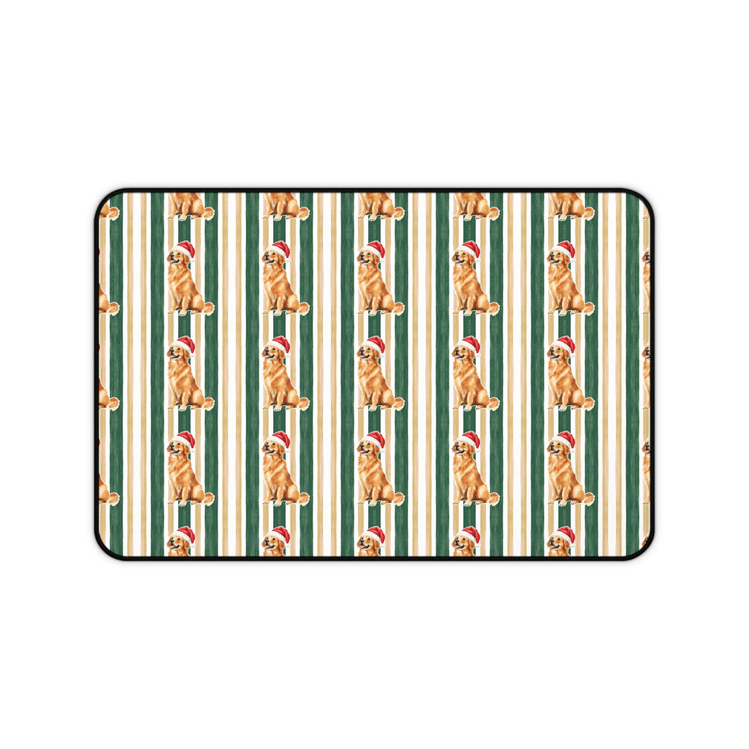 Golden Retriever Christmas Desk Mat, Green Gold Stripes, Santa Dog Desk Pad