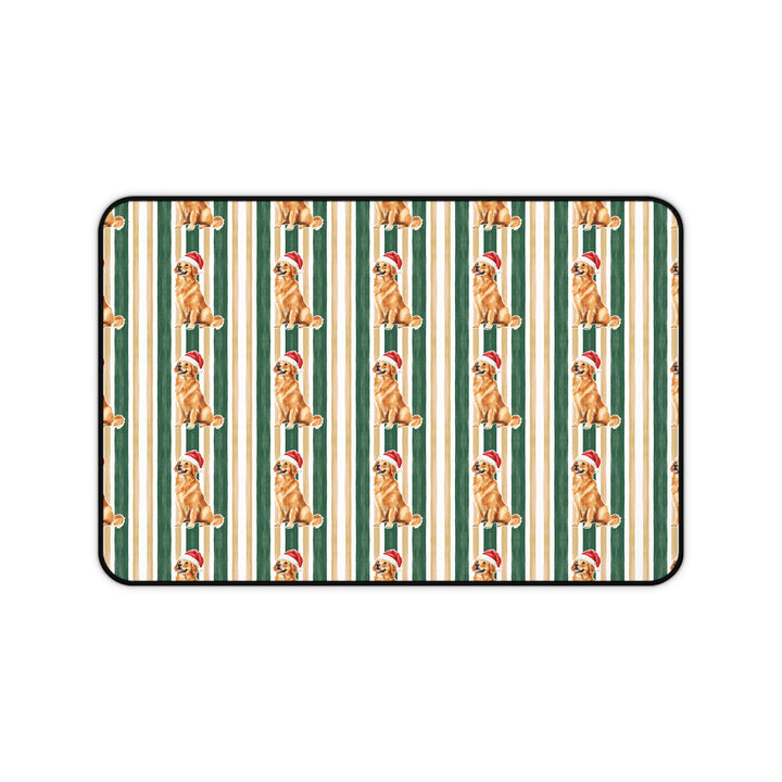Golden Retriever Christmas Desk Mat, Green Gold Stripes, Santa Dog Desk Pad