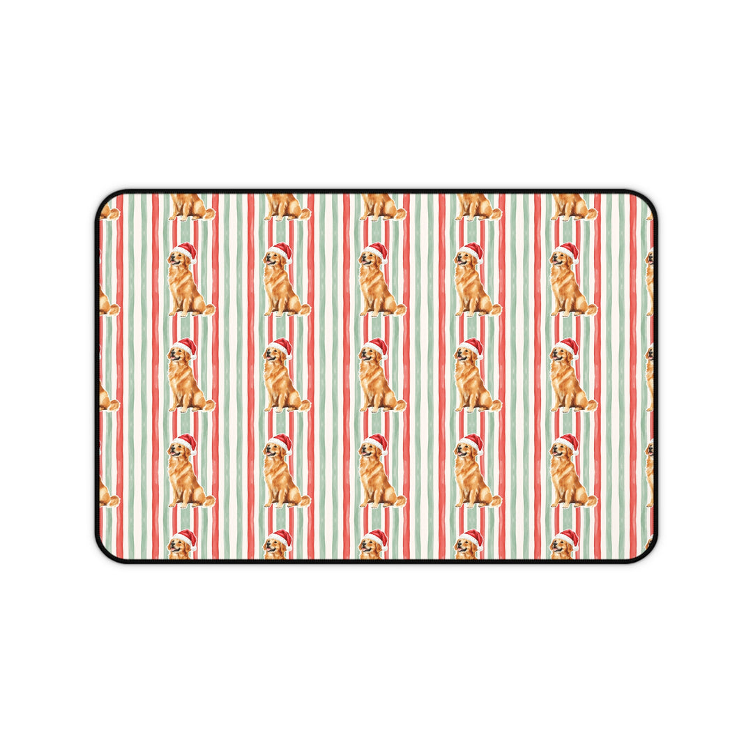 Golden Retriever Christmas Desk Mat, Red Sage Stripes, Santa Dog Desk Pad