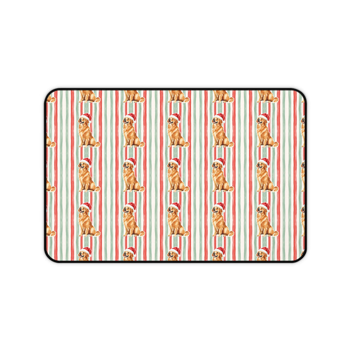 Golden Retriever Christmas Desk Mat, Red Sage Stripes, Santa Dog Desk Pad