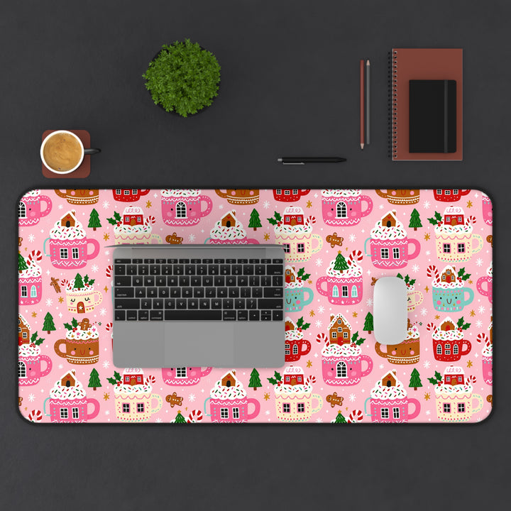 Pink Christmas Cocoa Desk Mat, Gingerbread Mug Desk Pad, Cute Holiday Large Mouse Pad