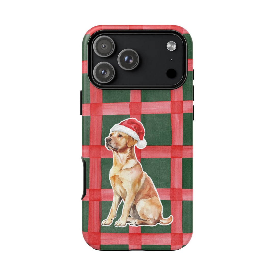 Yellow Labrador Christmas Tough iPhone Case, Red Green Plaid, Santa Dog Phone Cover