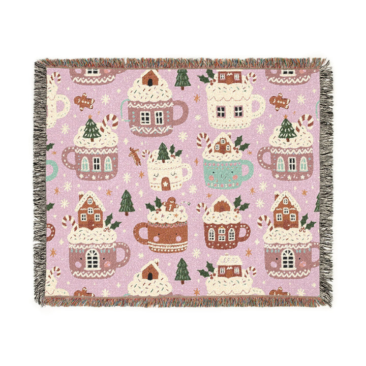 Pink Gingerbread Cocoa Woven Blanket, Christmas Hot Chocolate Cotton Throw, Cozy Holiday Sofa Decor