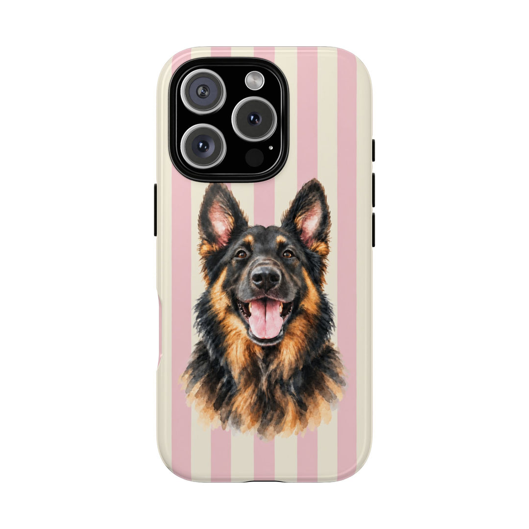 Custom Watercolor Dog iPhone Case, Light Pink Cream Stripes, Personalized Pet Photo Tough Cover
