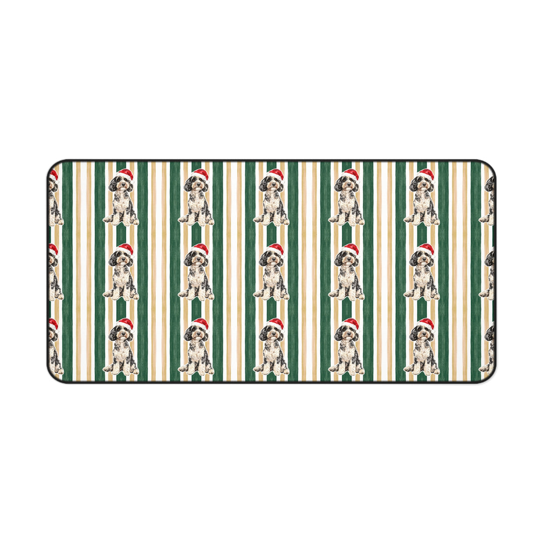 Doodle Christmas Desk Mat, Green Gold Stripes, Santa Dog Desk Pad