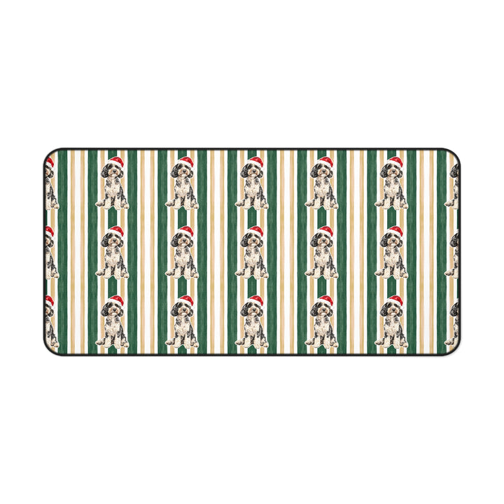Doodle Christmas Desk Mat, Green Gold Stripes, Santa Dog Desk Pad