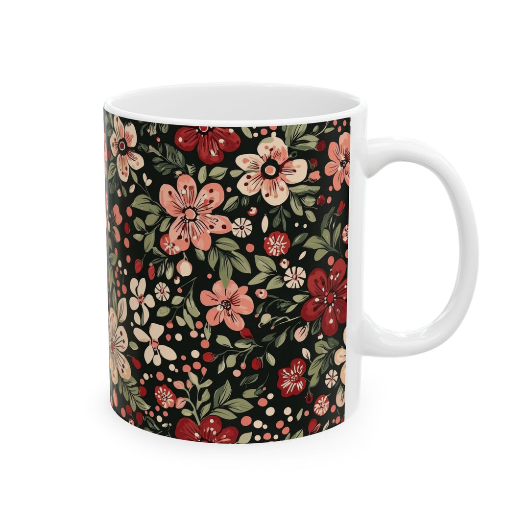 Retro Floral Ceramic Mug, Dark Botanical Coffee Cup, Pink Red Flower Tea Mug, Christmas Gift, 11oz 15oz